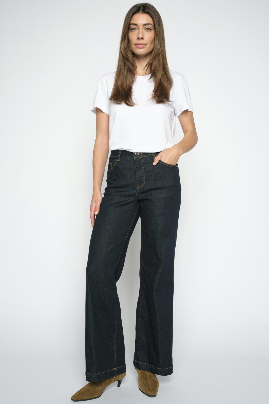Dark blue denim dames Mos Mosh high waist flared jeans van denim met effen