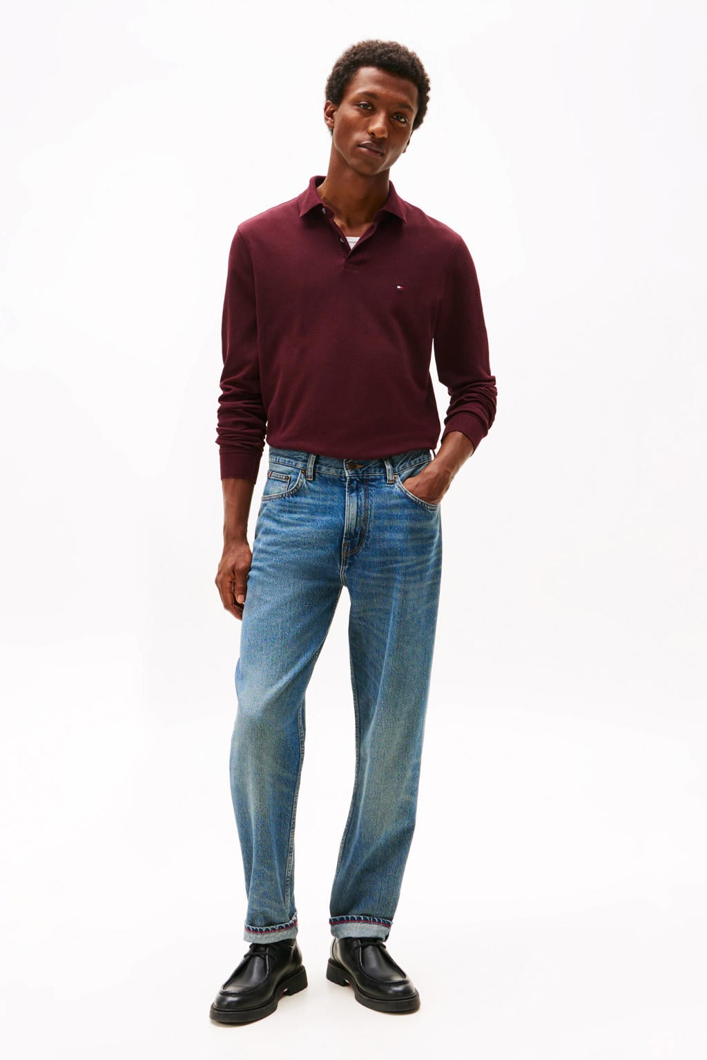 Donkerrode heren Tommy Hilfiger regular polo van stretchkatoen met logo dessin, lange mouwen en knoopsluiting