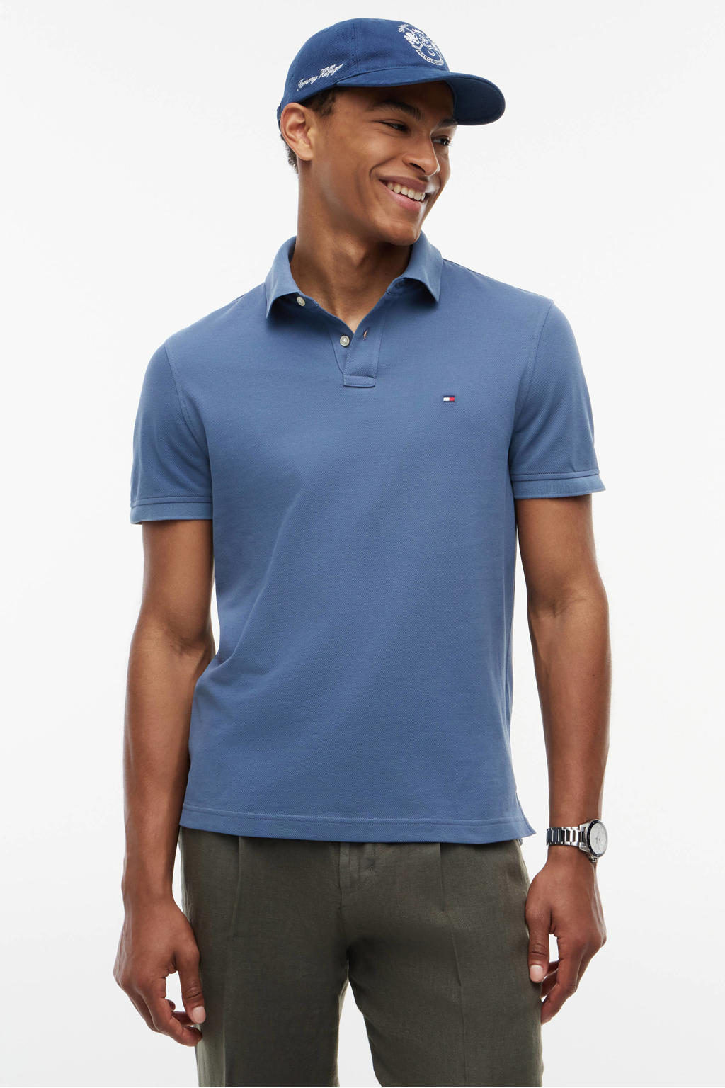 Blauwe heren Tommy Hilfiger regular polo van katoen met effen, korte mouwen, knoopsluiting en pique
