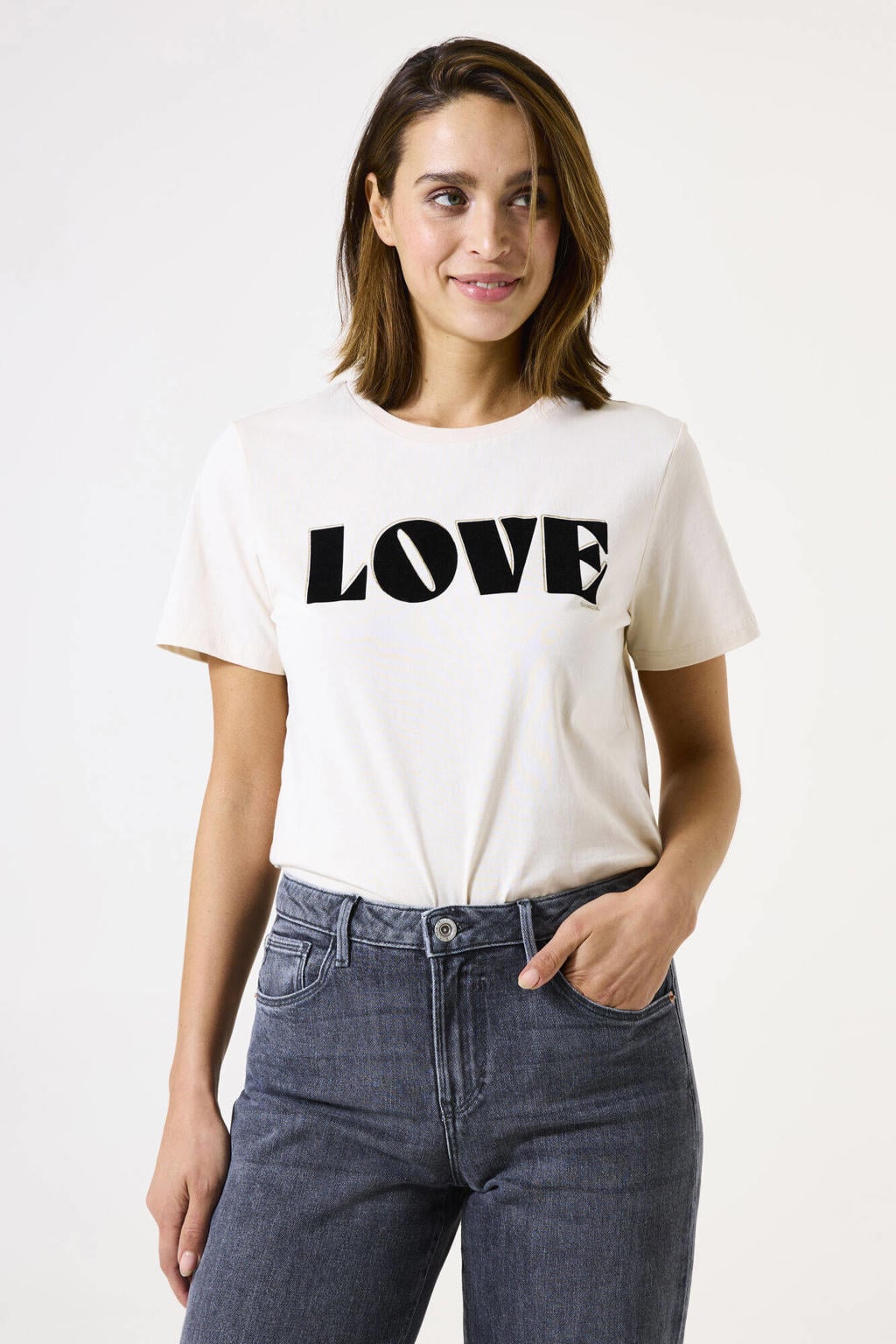 Witte dames Garcia T-shirt van katoen met tekst print, korte mouwen en ronde hals