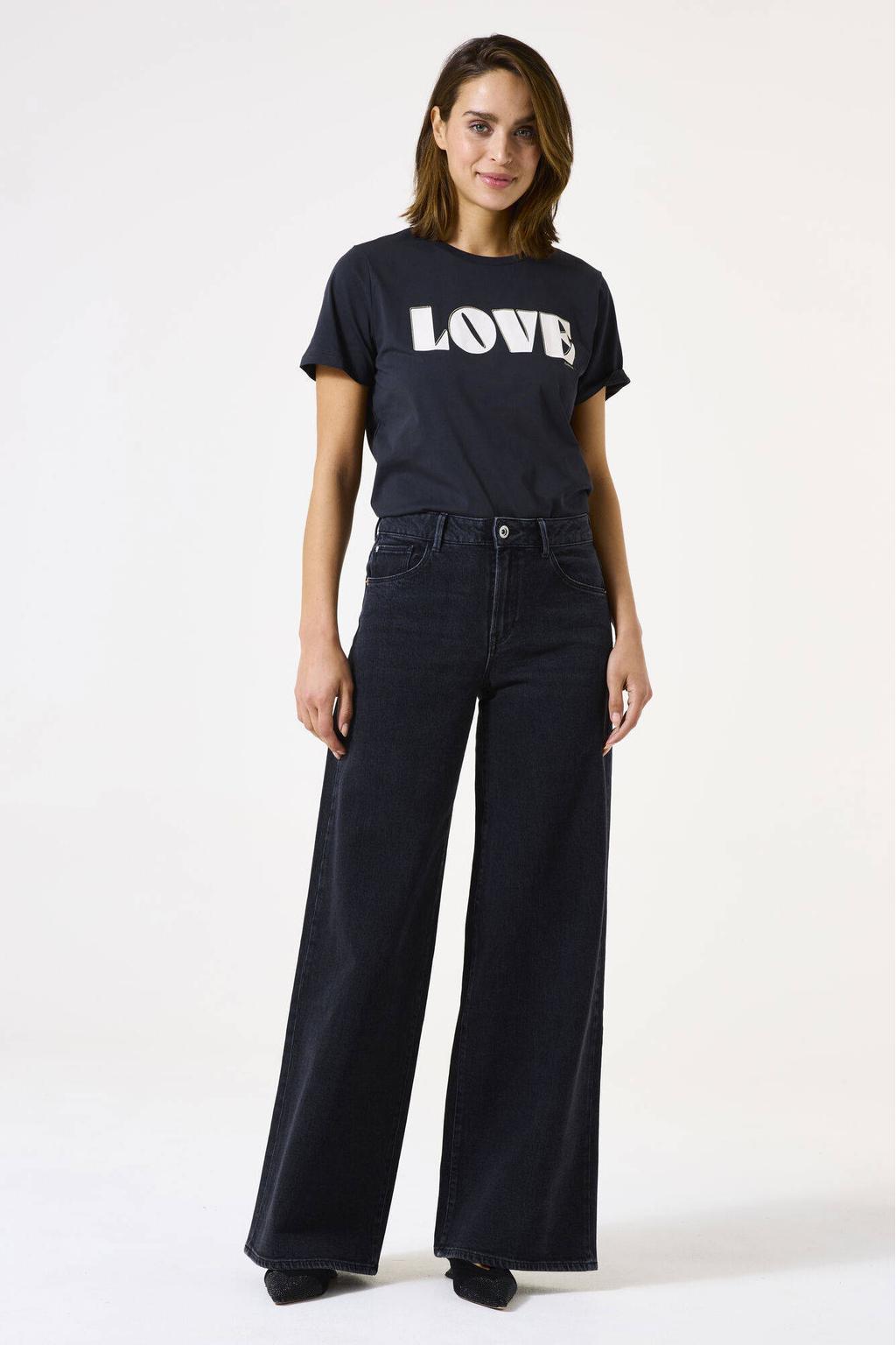 Black denim dames Garcia waist wide leg jeans black van denim met rits- en knoopsluiting en effen