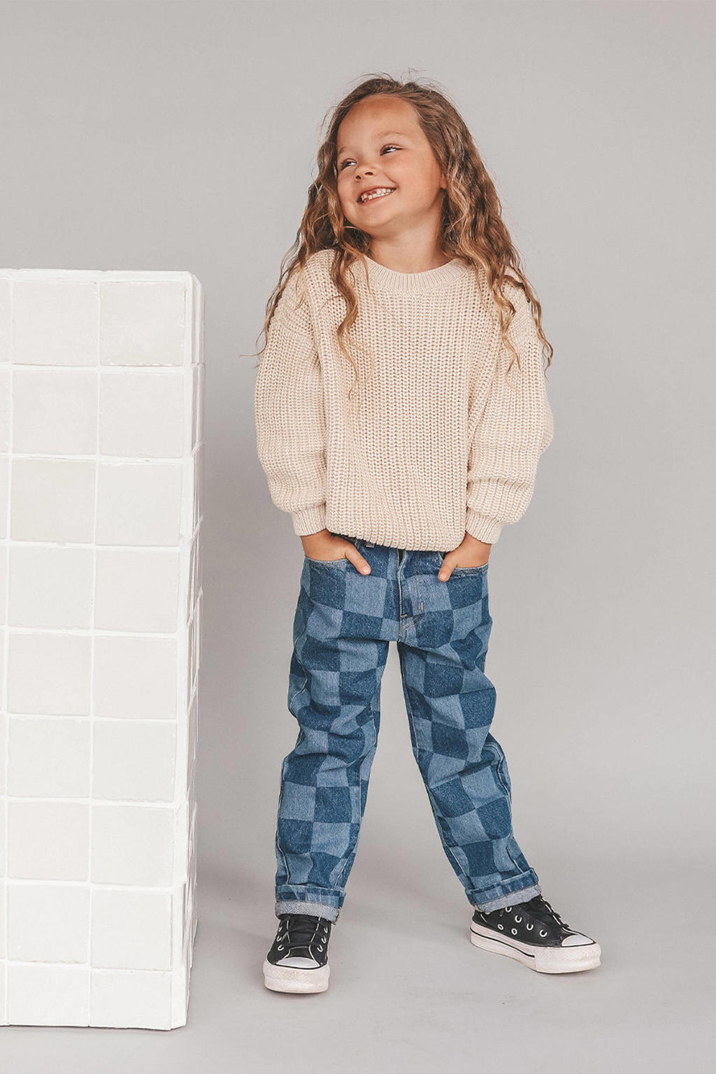 Light blue denim jongens en meisjes Your Wishes regular waist regular fit jeans van denim met ruitenprint