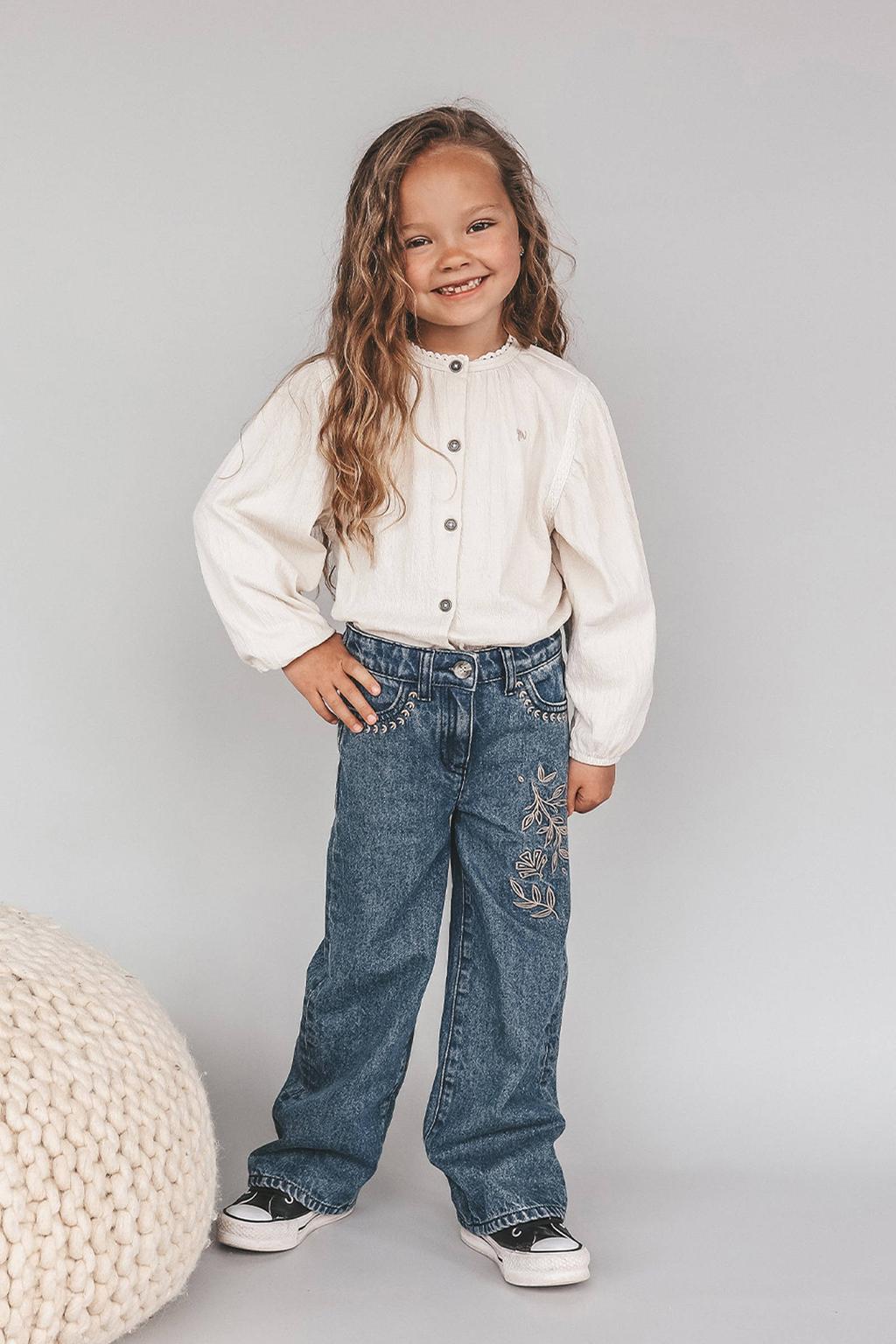 Medium blue denim meisjes Your Wishes wide leg van denim met rits- en knoopsluiting en effen