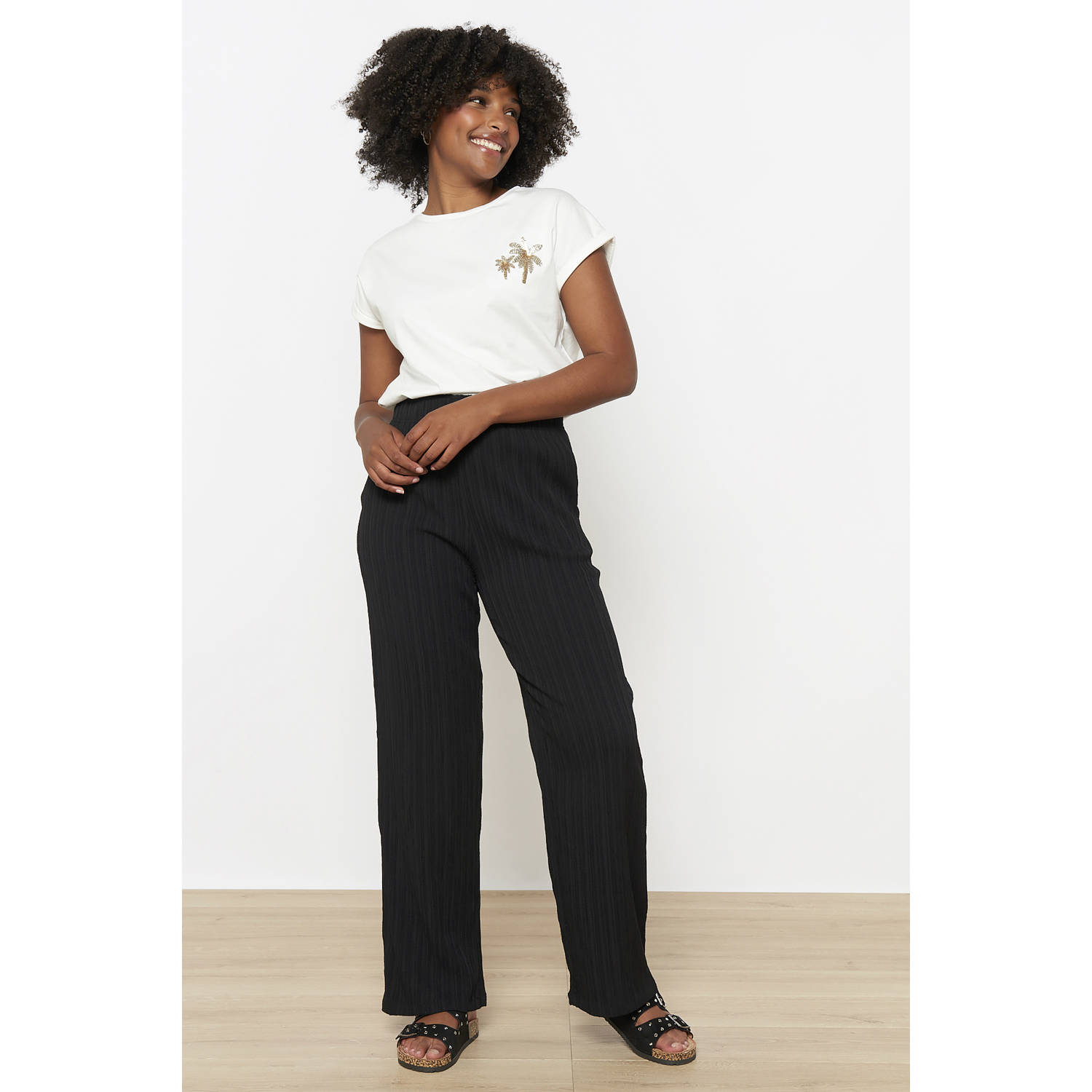 LOLALIZA wide leg high waist casual broek zwart