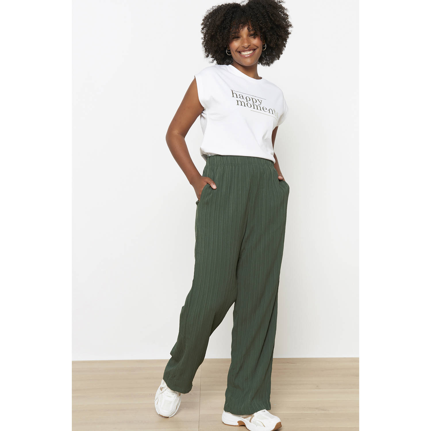 LOLALIZA wide leg high waist casual broek donkergroen