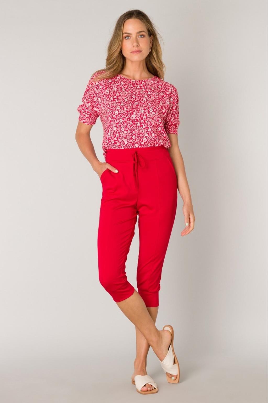 Rode dames ES&SY relaxed regular waist broek van polyester met vetersluiting en effen
