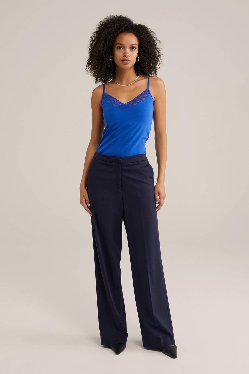 Blauwe dames WE Fashion singlet van katoen met effen, spaghettibandjes, V-hals en kant