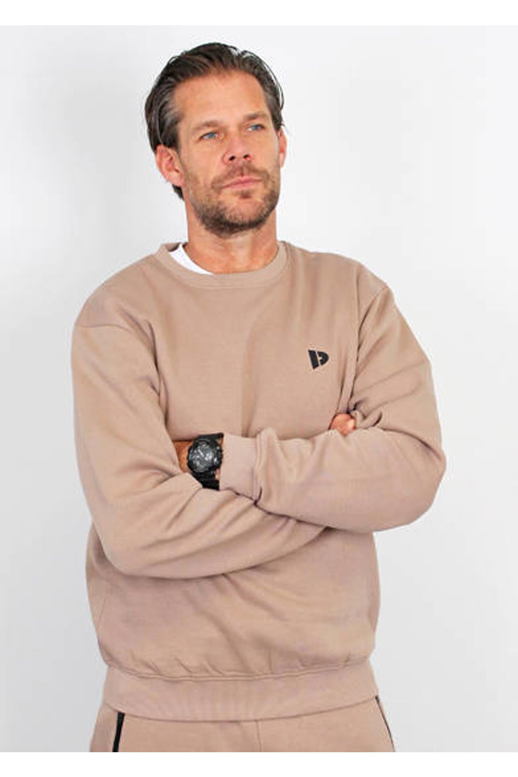 Taupe heren Donnay sportsweater Dean van polyester met logo dessin, lange mouwen en ronde hals