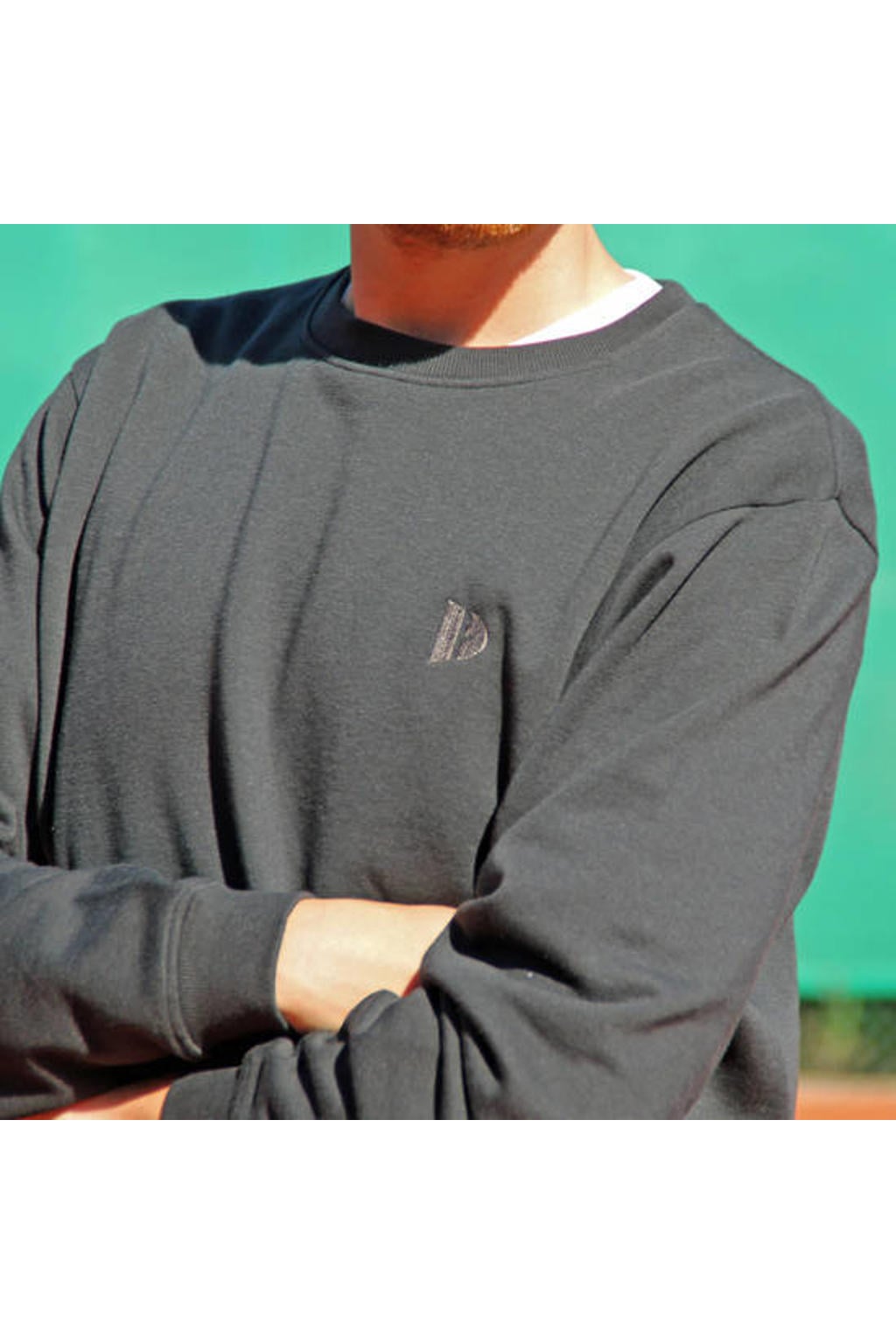 Donkerblauwe heren Donnay sportsweater Dean van polyester met logo dessin, lange mouwen en ronde hals