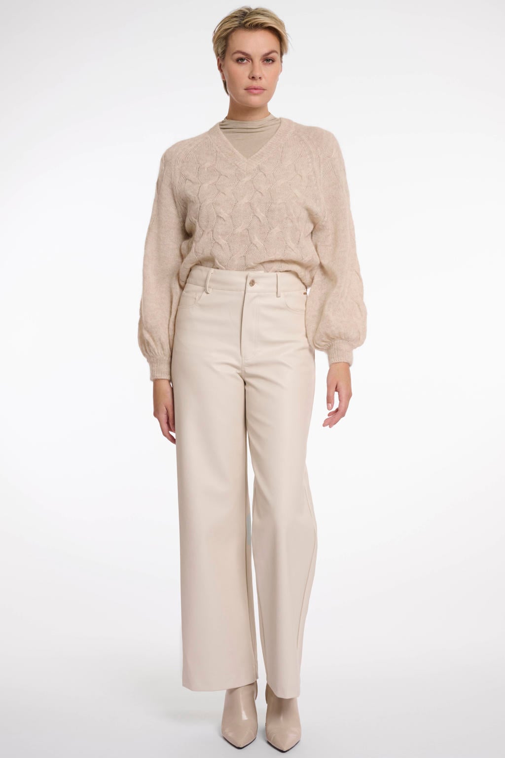 Rino & Pelle imitatieleren wide leg regular waist broek beige