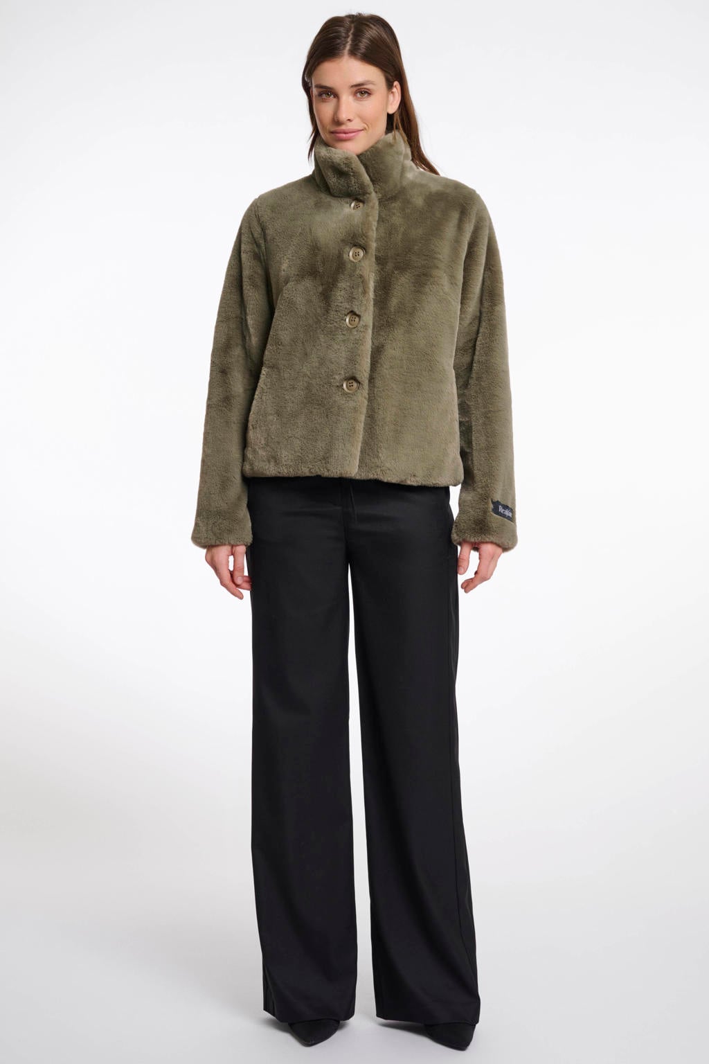 Groene dames Rino & Pelle faux fur jas van imitatiebont met effen, lange mouwen, opstaande kraag en knoopsluiting