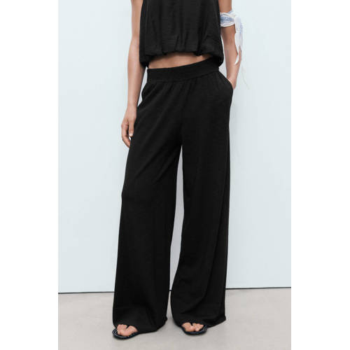 Mango wide leg regular waist broek zwart fijn gebreid afbeelding