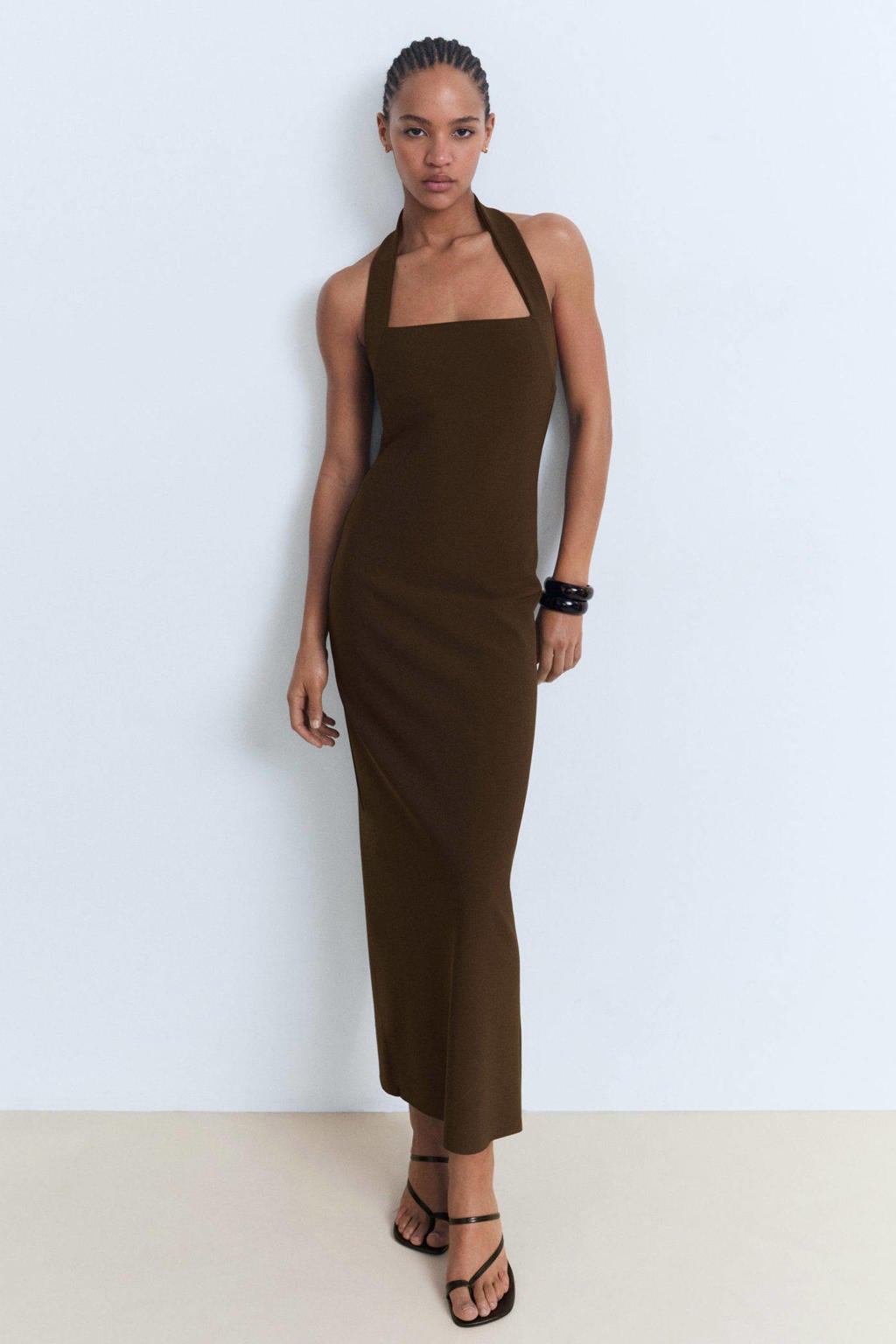 Donkerblauwe dames Mango maxi jurk van polyester met effen, vierkante hals en split