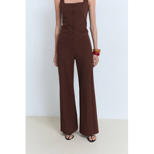 Mango wide leg regular waist broek donkerbruin afbeelding