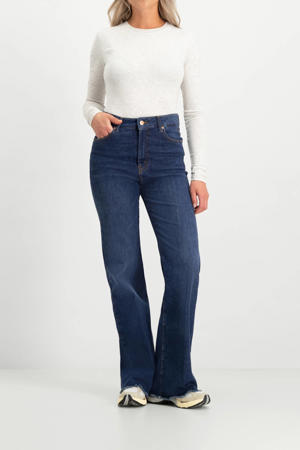 high waist wide leg jeans dark blue denim