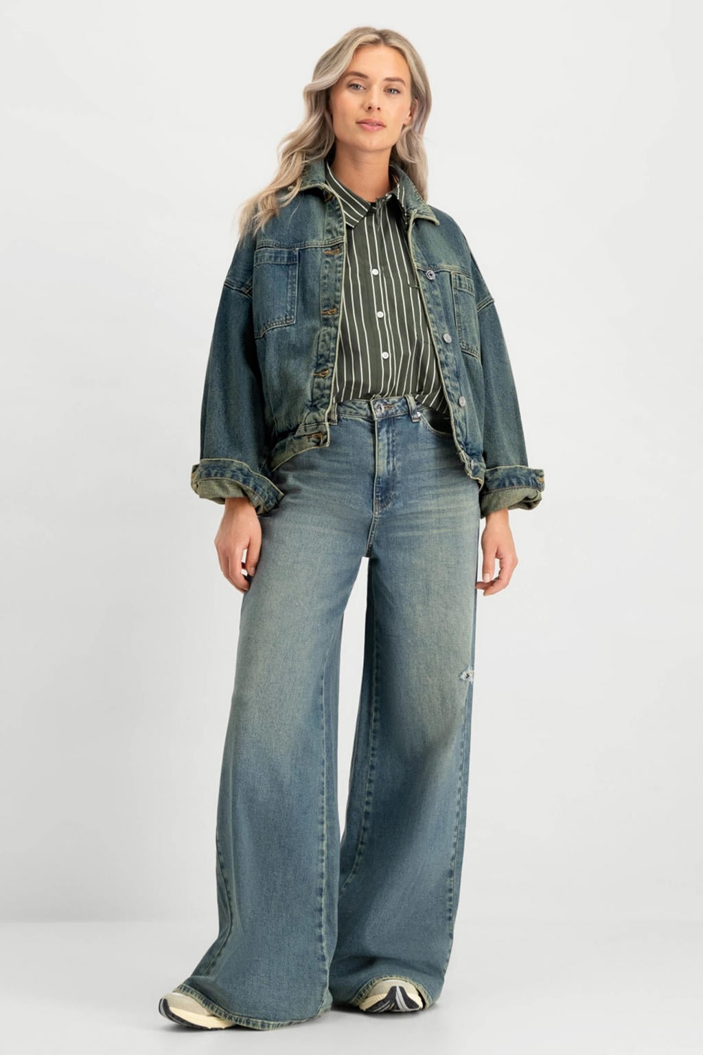 Medium blue denim dames Circle of Trust wide leg jeans van denim met rits- en knoopsluiting en effen