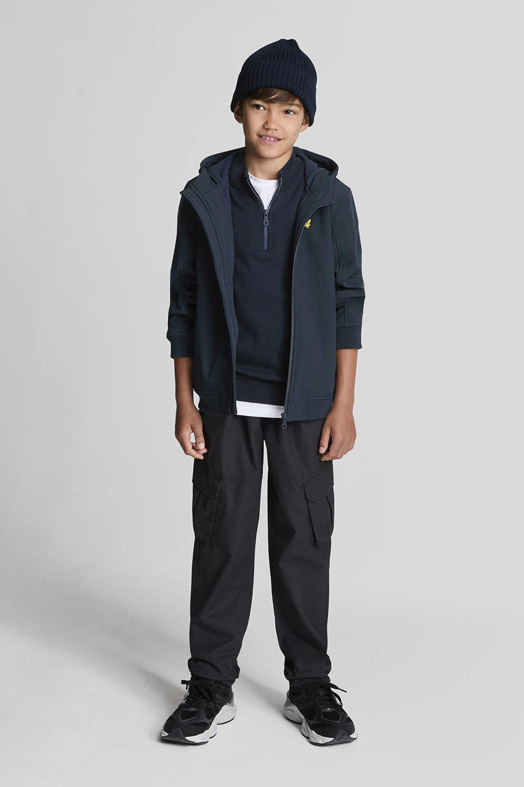 Donkerblauwe jongens Lyle & Scott softshell jas van polyester met effen, lange mouwen, capuchon en ritssluiting