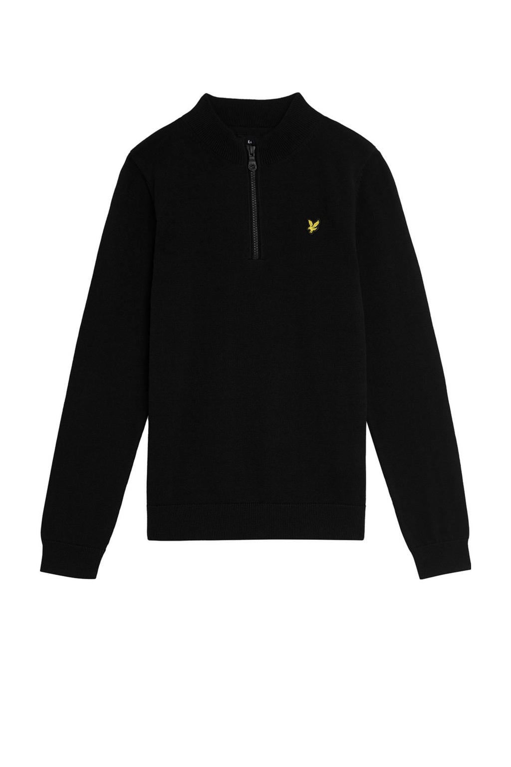 Zwarte jongens Lyle & Scott trui fijn gebreid van katoen met effen, lange mouwen, schipperskraag en halve rits