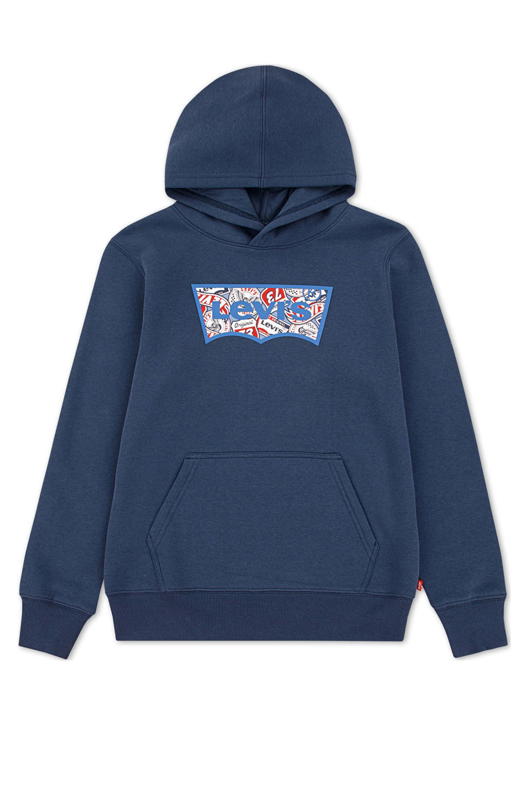 Donkerblauwe jongens Levi's hoodie van katoen met logo dessin, lange mouwen en capuchon