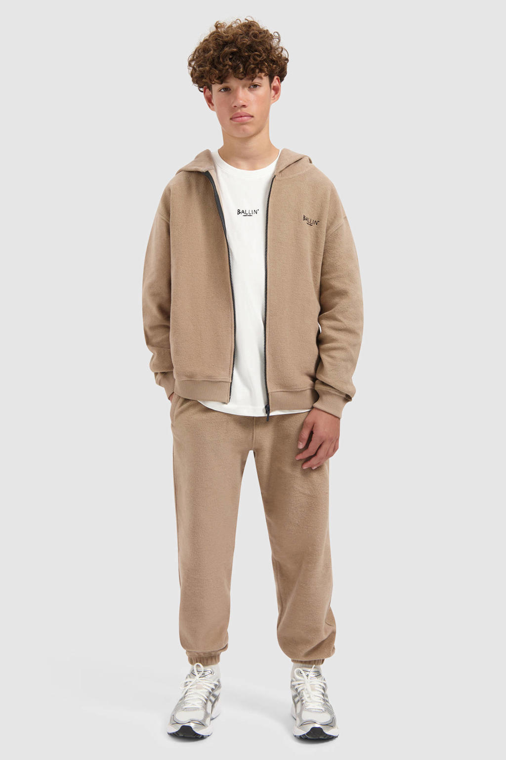 Beige jongens Ballin sweatvest met effen, lange mouwen, capuchon en geribde boorden