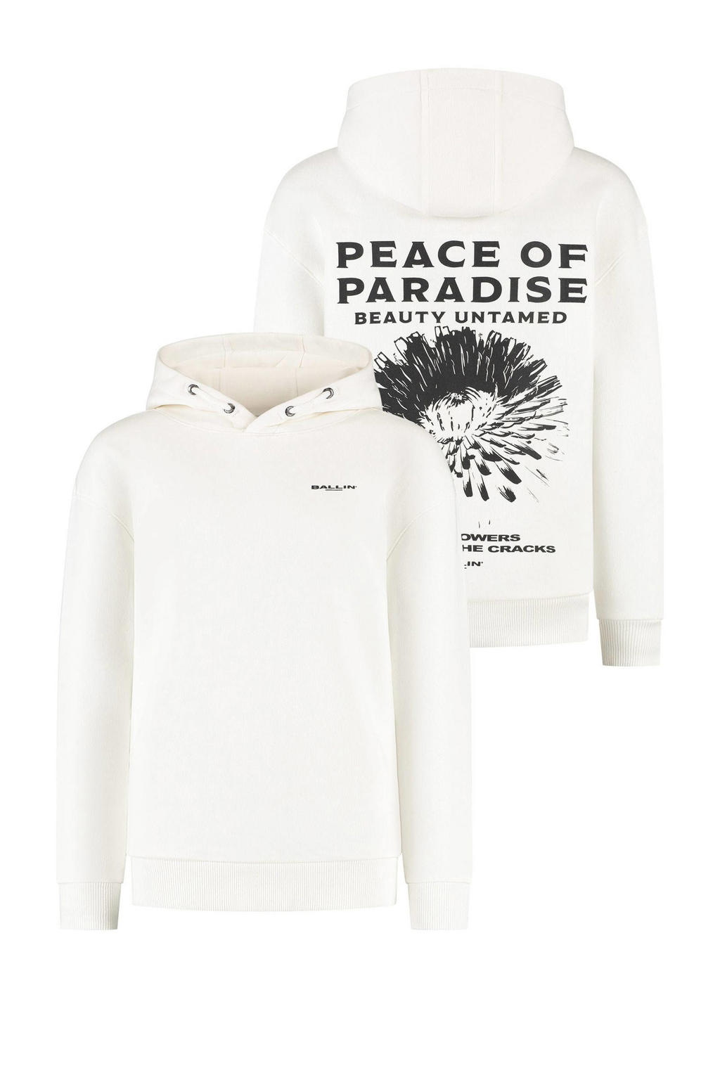 Ivoor en zwarte jongens Ballin sweater met backprint, lange mouwen, capuchon en geribde boorden