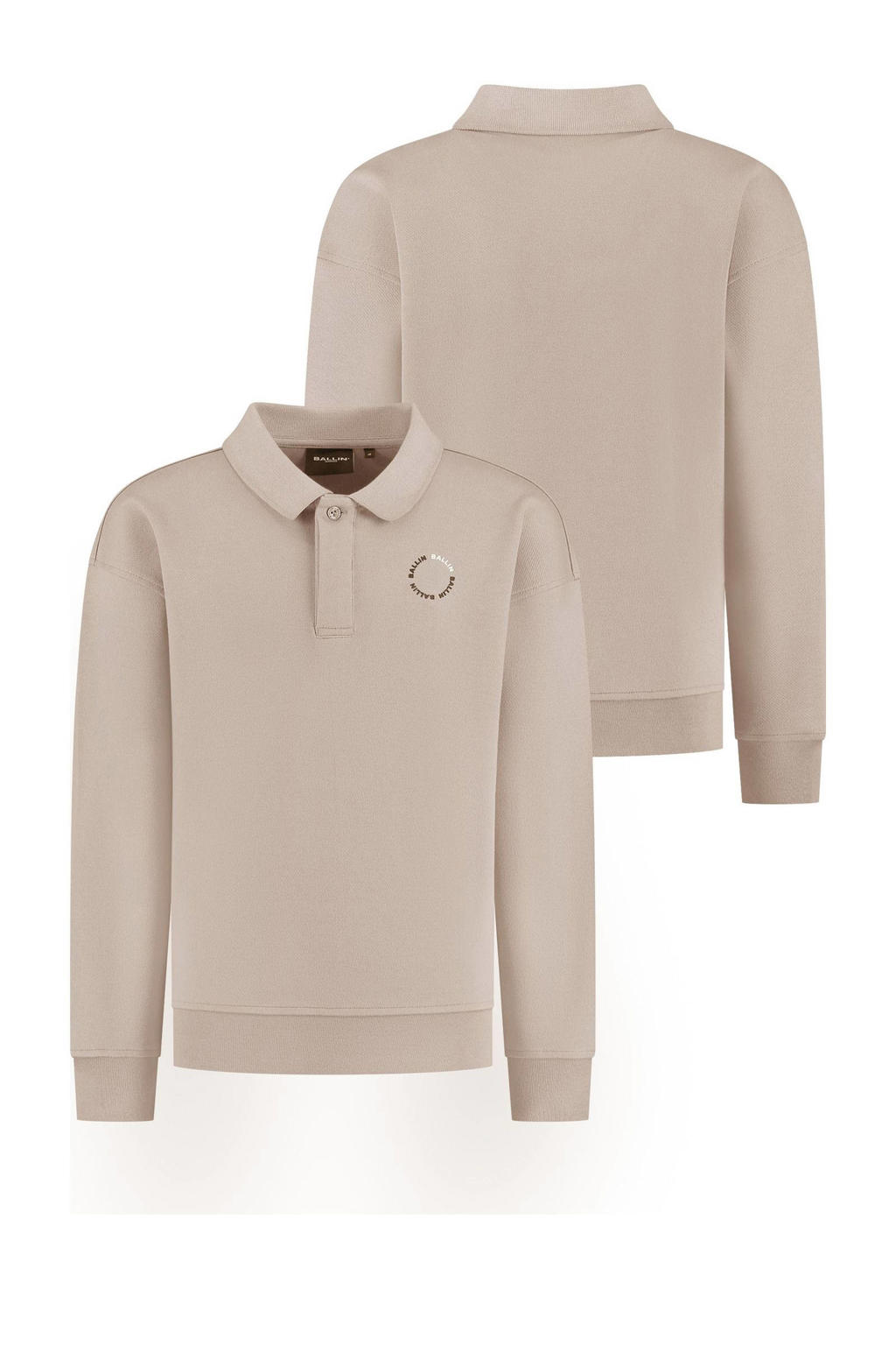Beige jongens Ballin sweater met effen, lange mouwen, polo kraag, knoopsluiting en geribde boorden