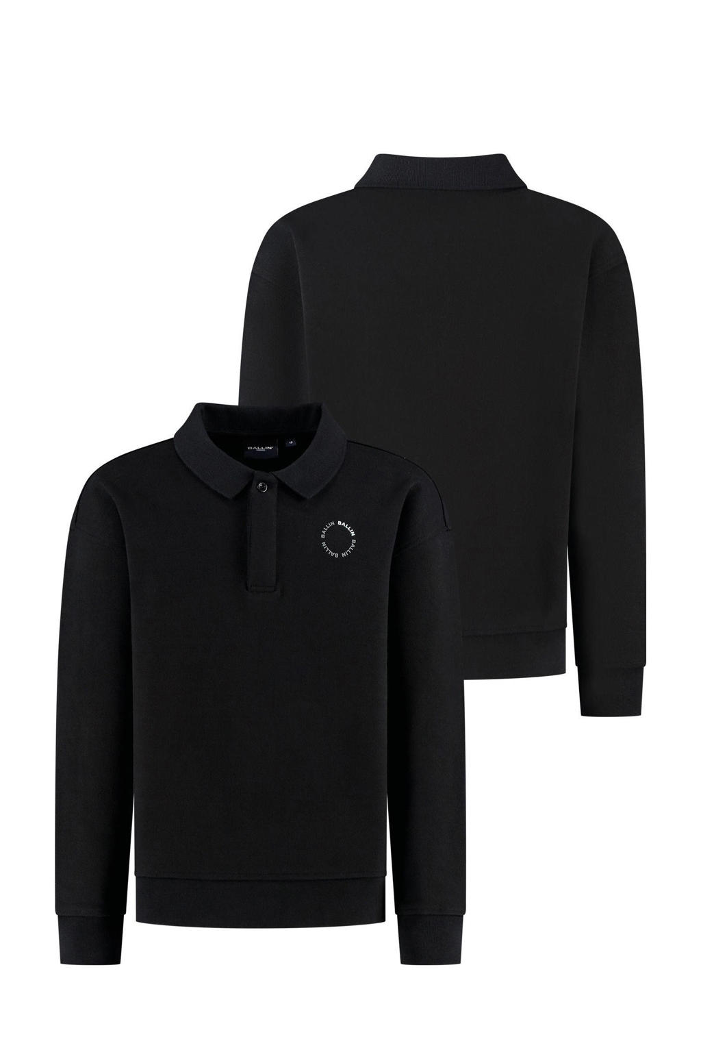 Zwarte jongens Ballin sweater met effen, lange mouwen, polo kraag, knoopsluiting en geribde boorden