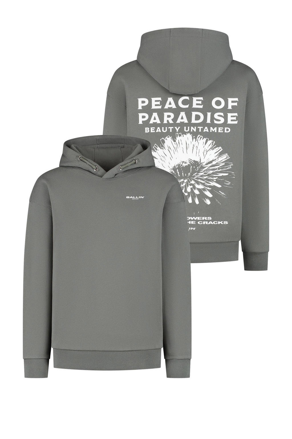 Grijs en witte jongens Ballin sweater met backprint, lange mouwen, capuchon en geribde boorden