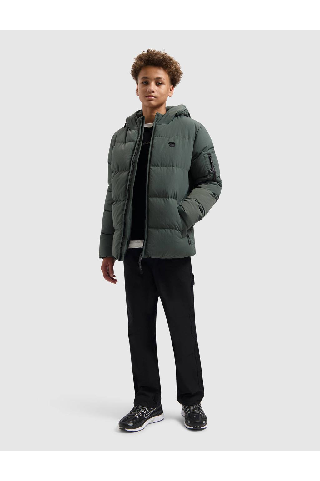 Groene jongens Ballin gewatteerde jas van nylon met effen, lange mouwen, capuchon en ritssluiting