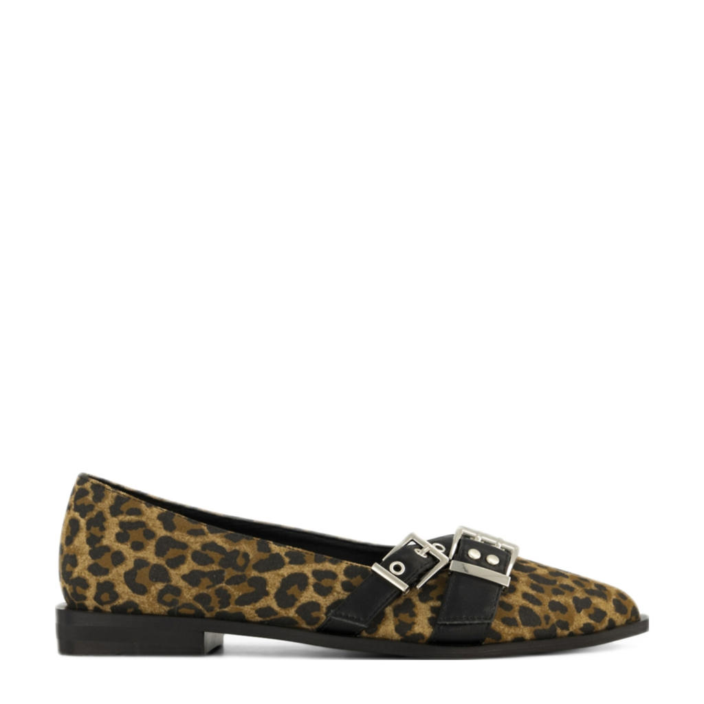 Cognac en zwarte dames Graceland loafers van imitatieleer met gesp en panterprint