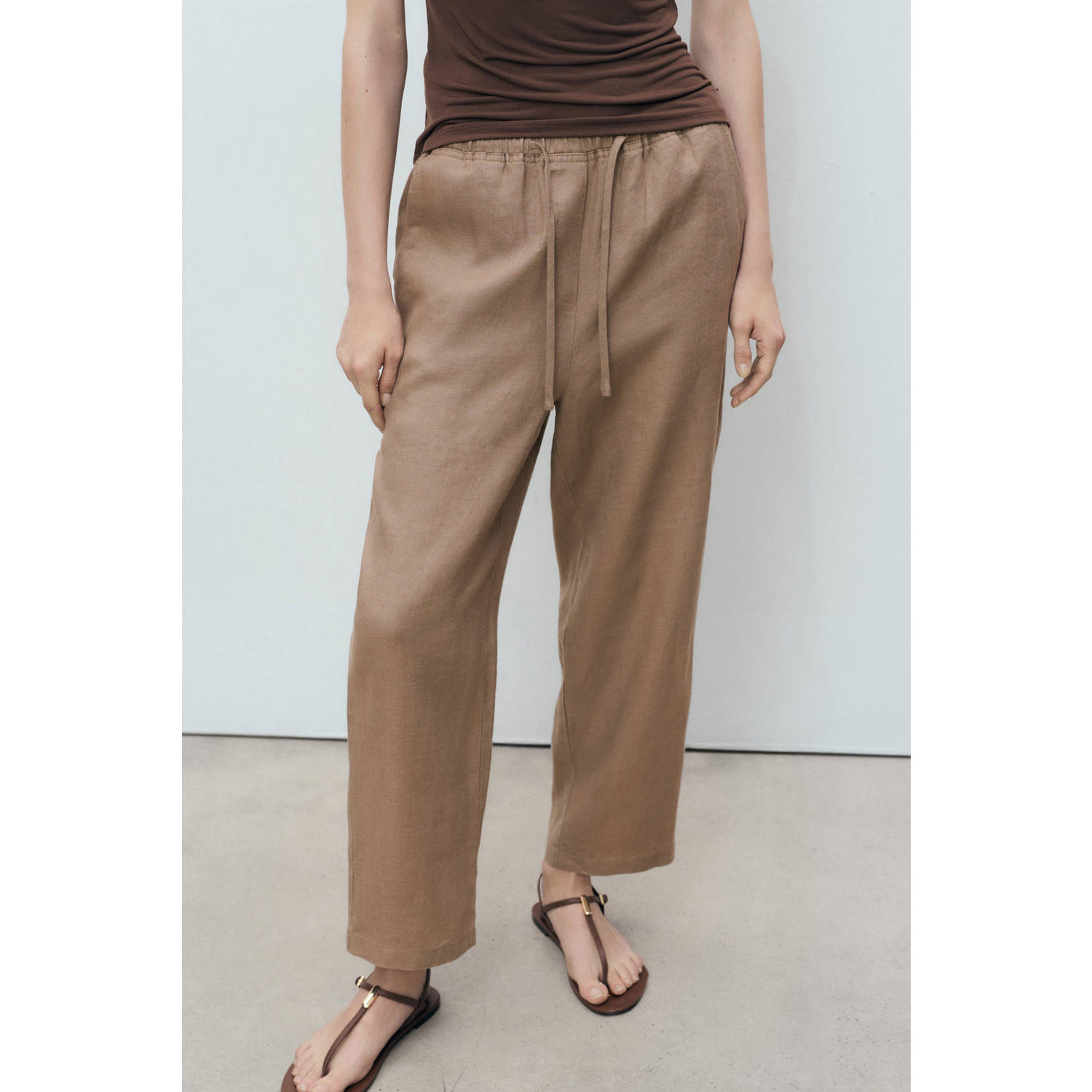 Mango linnen straight regular waist broek lichtbruin