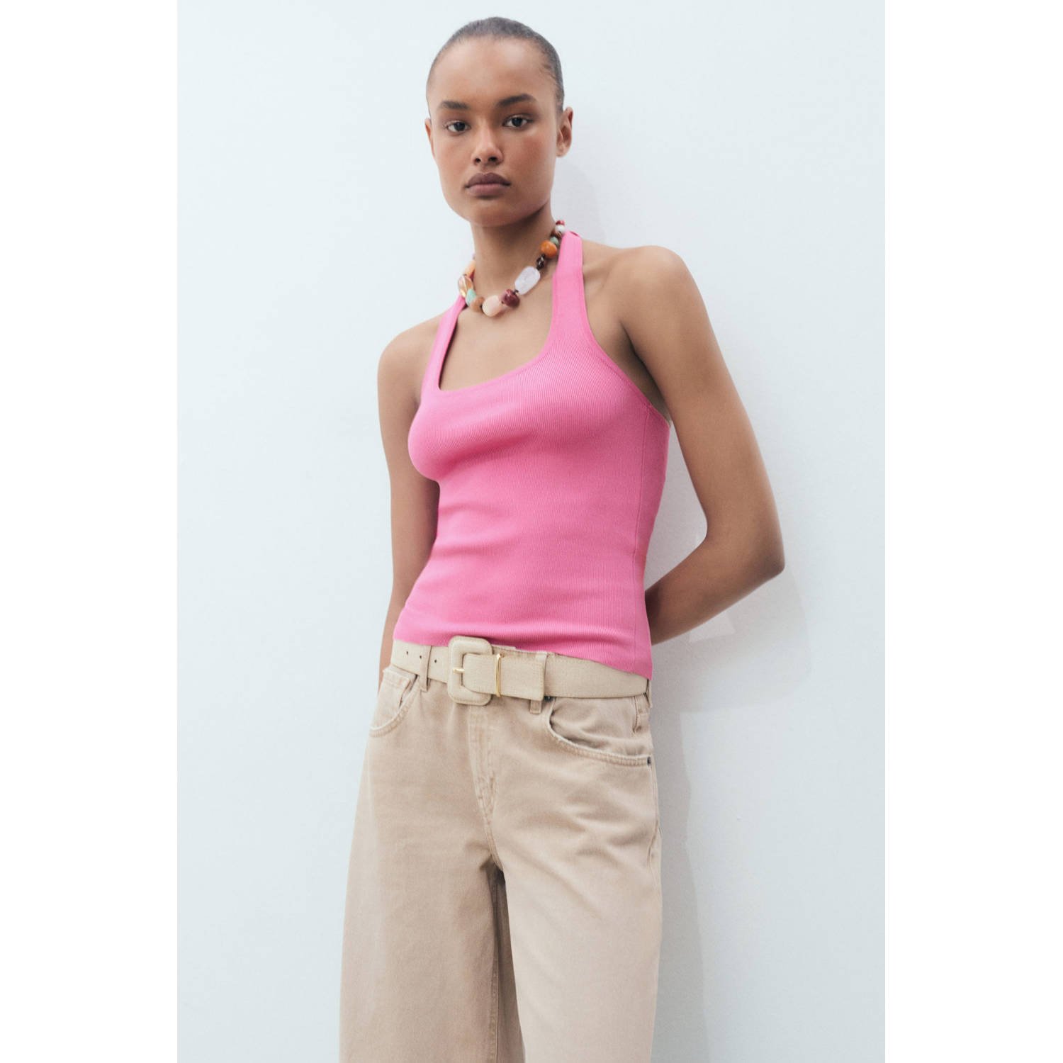 Mango top roze rib gebreid