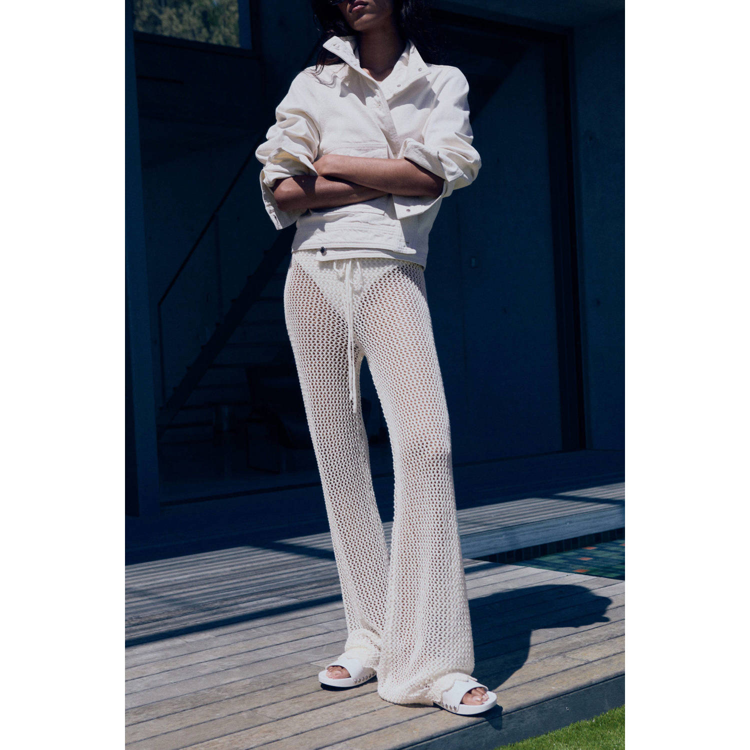 Mango straight regular waist broek ecru gehaakt