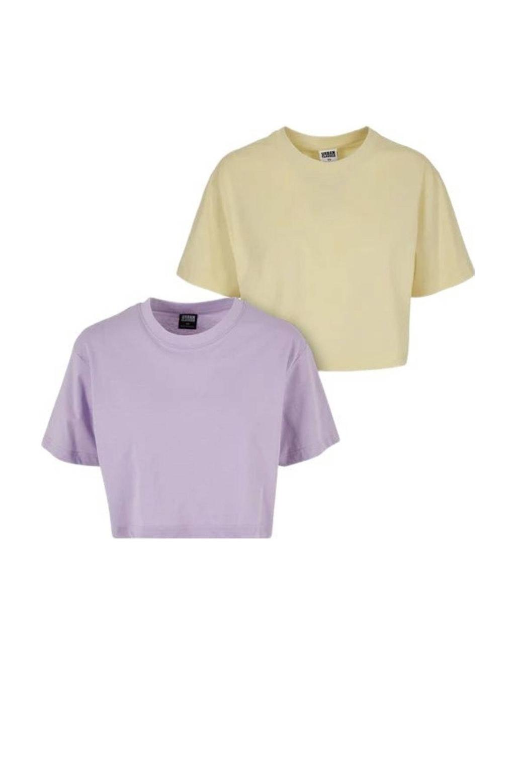 Multi, lila en lichtgele dames Urban Classics Curvy T-shirt van katoen met effen, korte mouwen en ronde hals