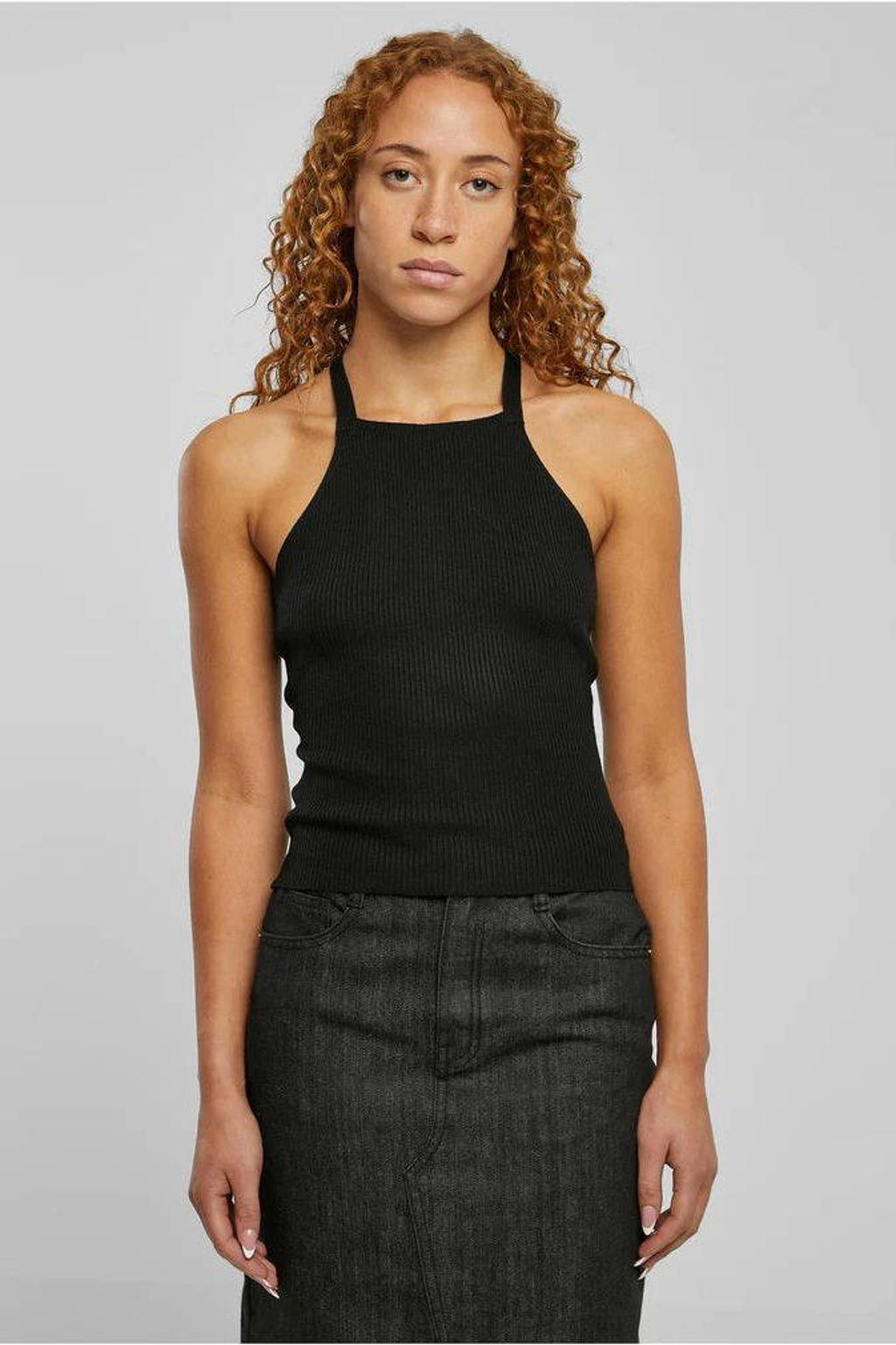 Zwarte dames Urban Classics Curvy top van polyacryl met effen en halterkraag
