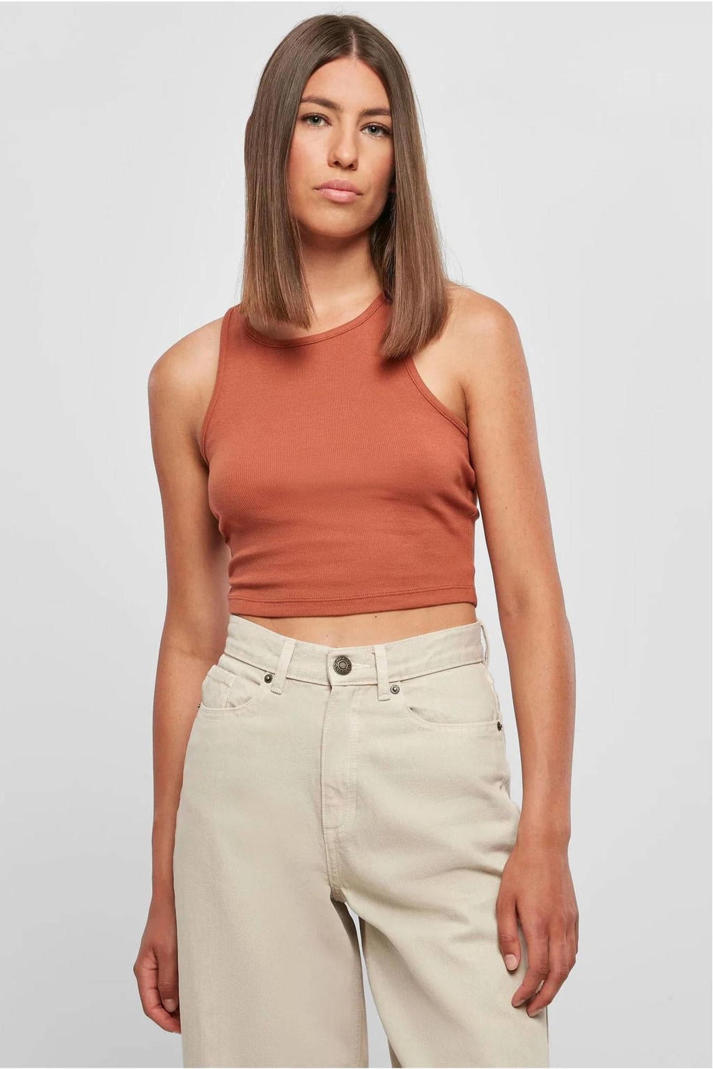Terracottakleurige dames Urban Classics Curvy singlet van katoen met effen en ronde hals