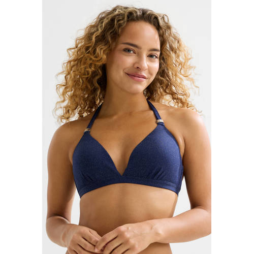 BEACHWAVE voorgevormde halter bikinitop met lurex en textuur donkerblauw afbeelding