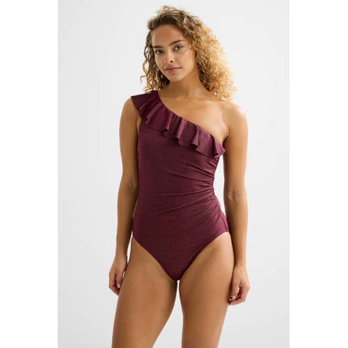 BEACHWAVE one shoulder corrigerend badpak met lurex donkerrood afbeelding