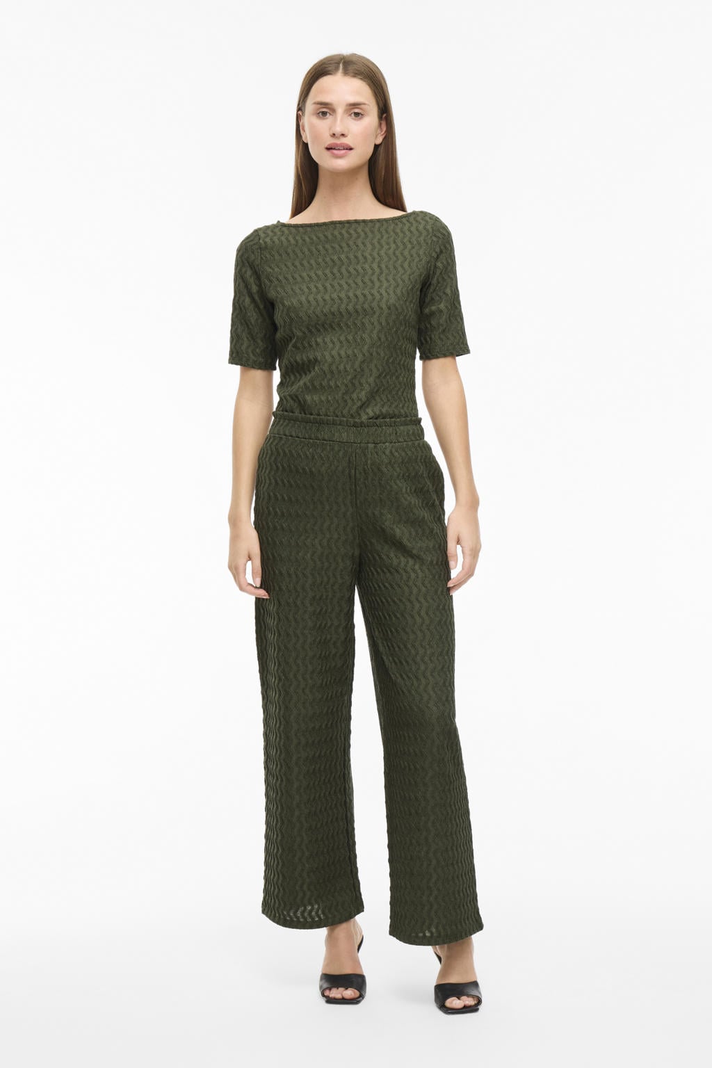 Groene dames VILA straight regular waist broek van polyester met elastische tailleband en effen