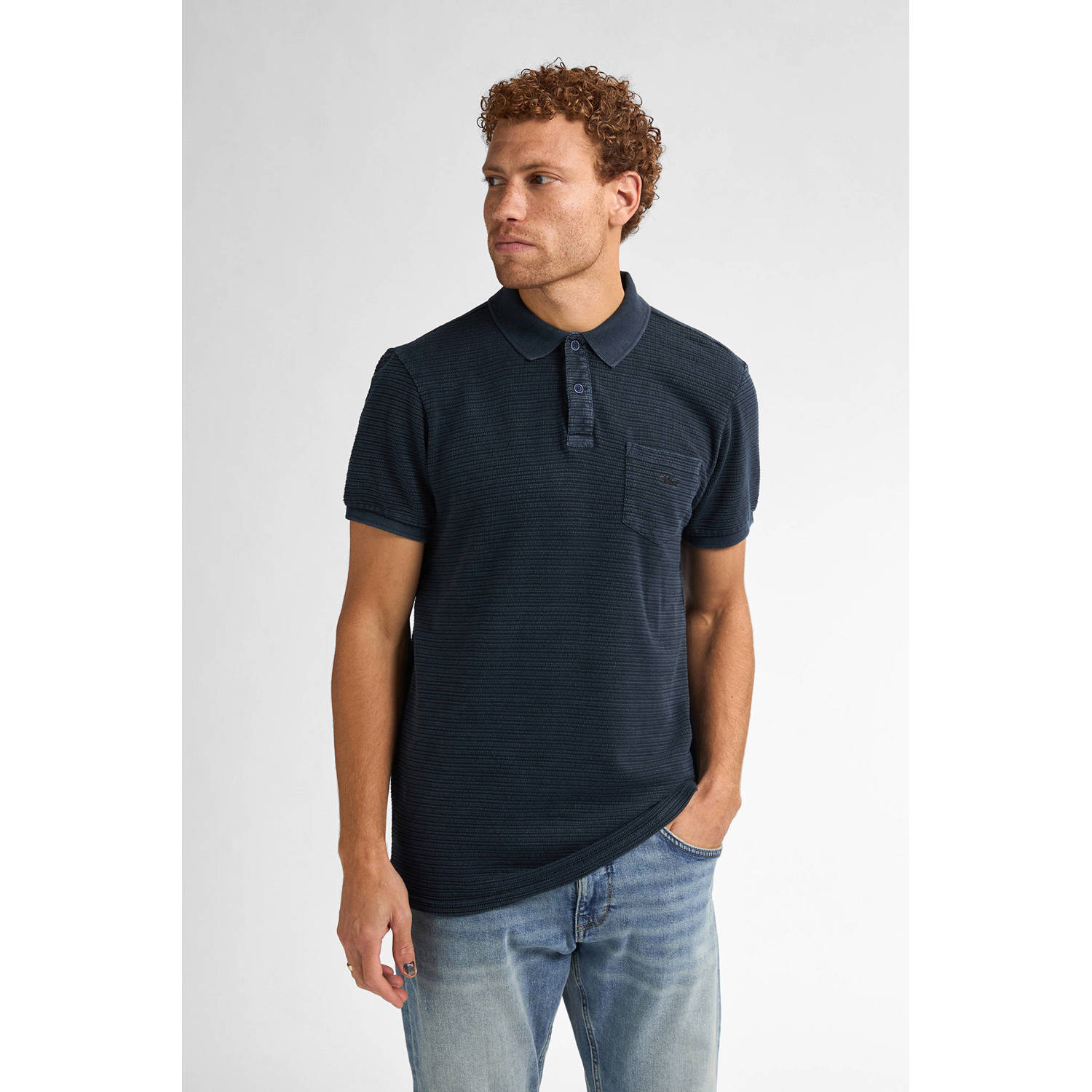 Petrol Industries regular polo met ingebreid patroon donkerblauw