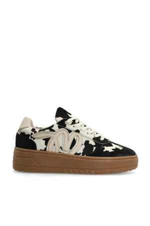 leren sneakers met ponyhair en koeienprint zwart/wit