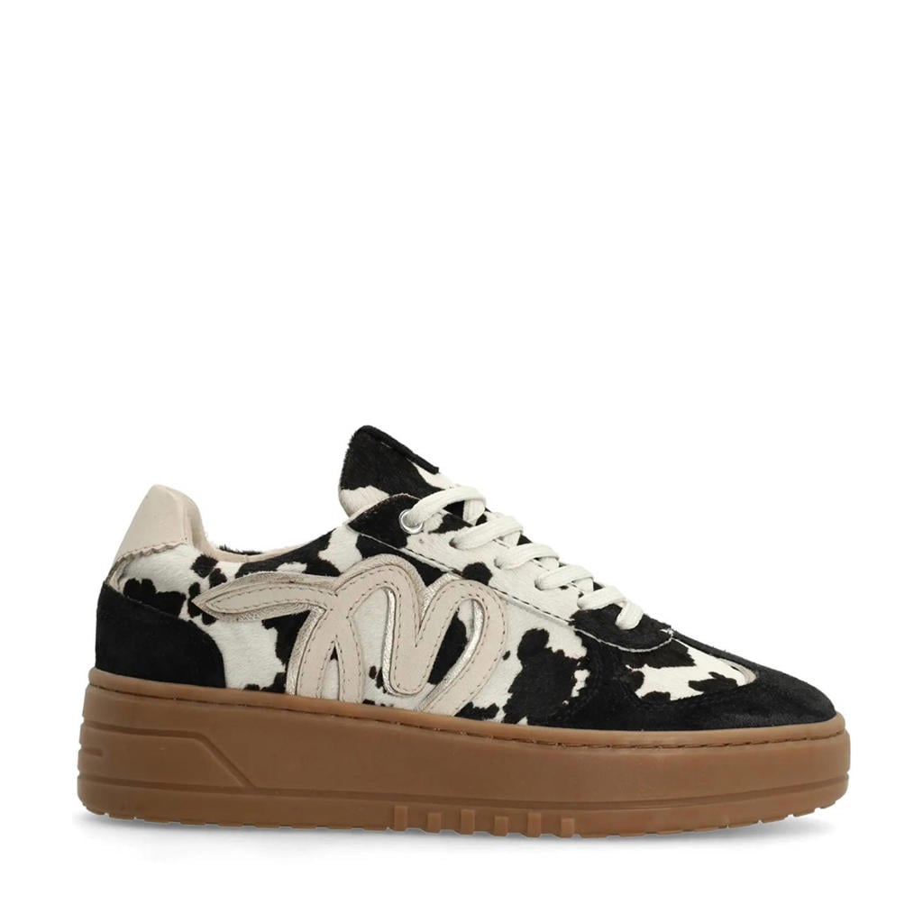Zwart en witte dames Manfield leren sneakers met ponyhair en