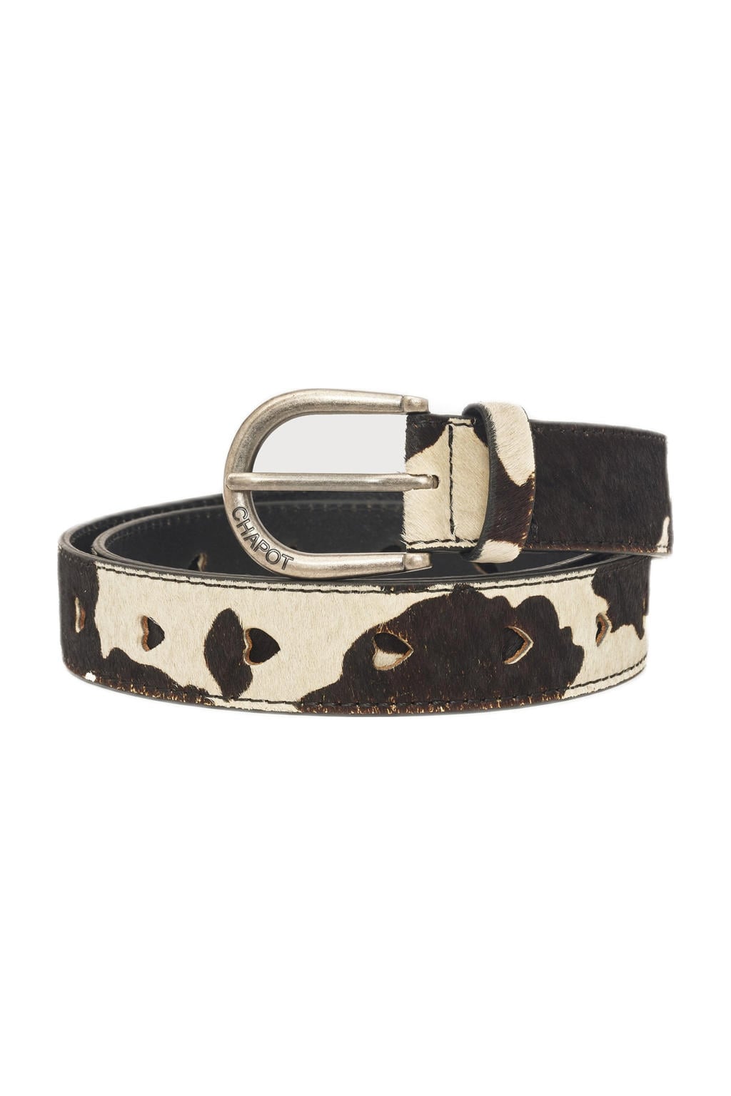 Fabienne Chapot leren riem Hairy Belt met koeienprint ecru/donkerbruin
