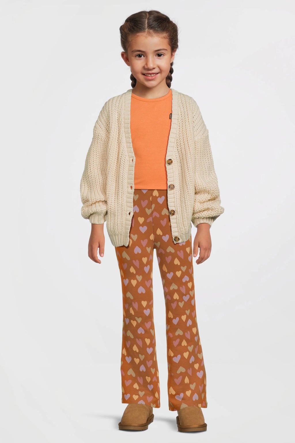 Bruine meisjes Koko Noko flared broek van stretchkatoen met regular waist, elastische tailleband en hartjesprint