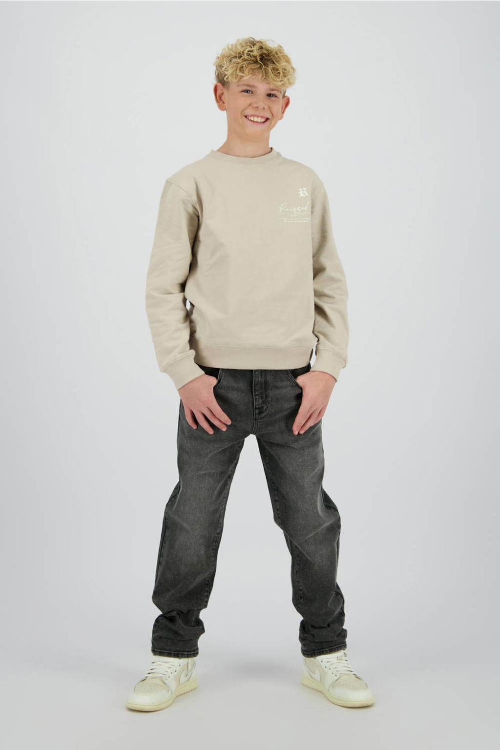 Beige jongens Raizzed sweater van stretchkatoen met backprint, lange mouwen en ronde hals
