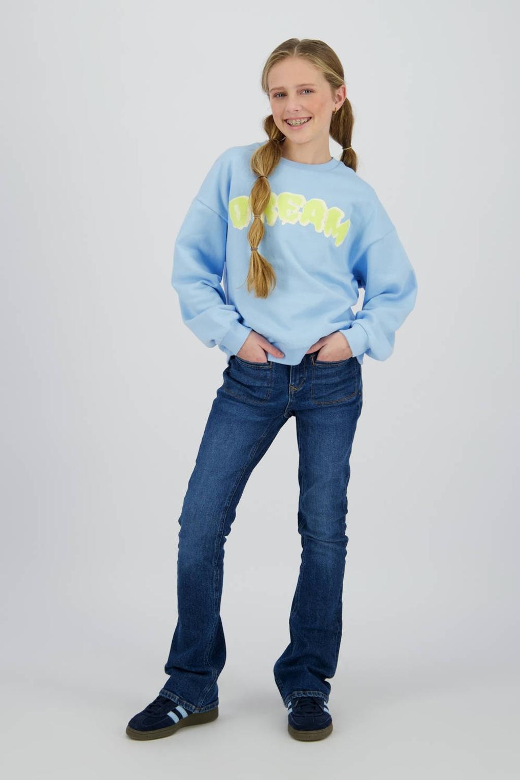 Lichtblauwe meisjes Raizzed sweater van katoen met tekst print, lange mouwen, ronde hals en geribde boorden