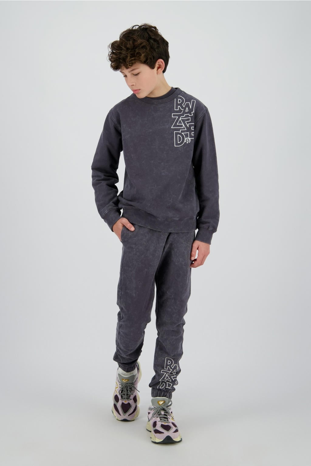 Grijze jongens Raizzed sweater van stretchkatoen met printopdruk, lange mouwen, ronde hals en geribde boorden