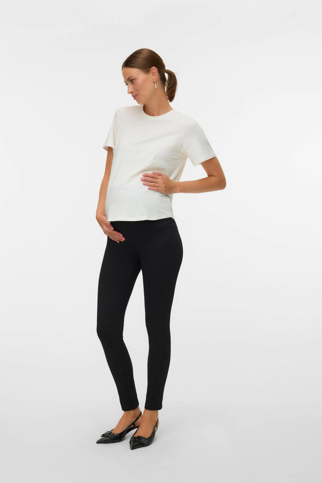 Zwart en grijze dames MAMALICIOUS super slim high waist zwangerschaps legging met elastische tailleband en krijtstreepprint