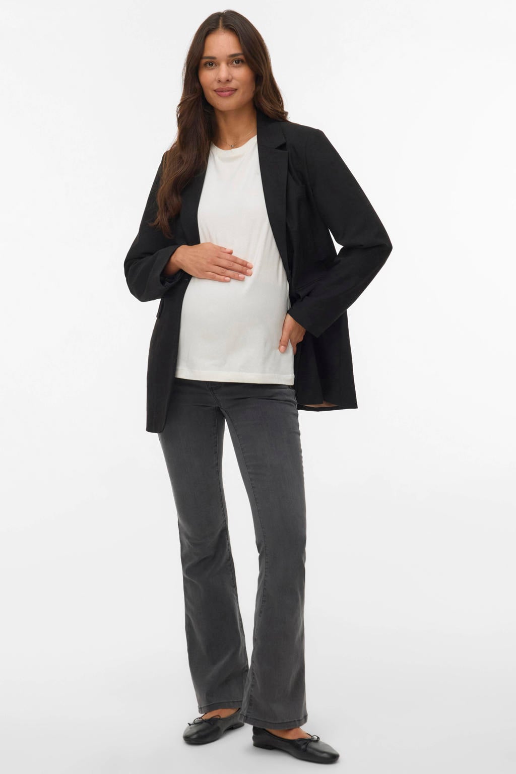 Grey denim dames VERO MODA MATERNITY zwangerschaps flared jeans van denim met regular waist, rits- en knoopsluiting en effen