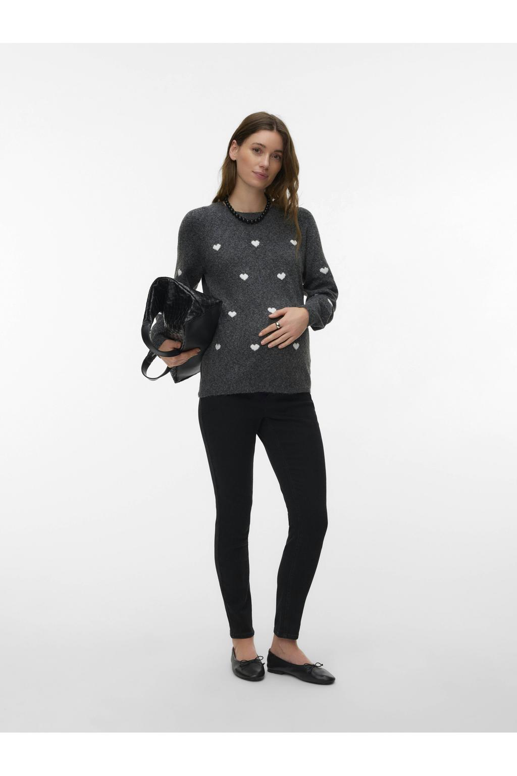 Grijs melange dames VERO MODA MATERNITY zwangerschaps trui melange gebreid van polyester met hartjesprint, lange mouwen en ronde hals